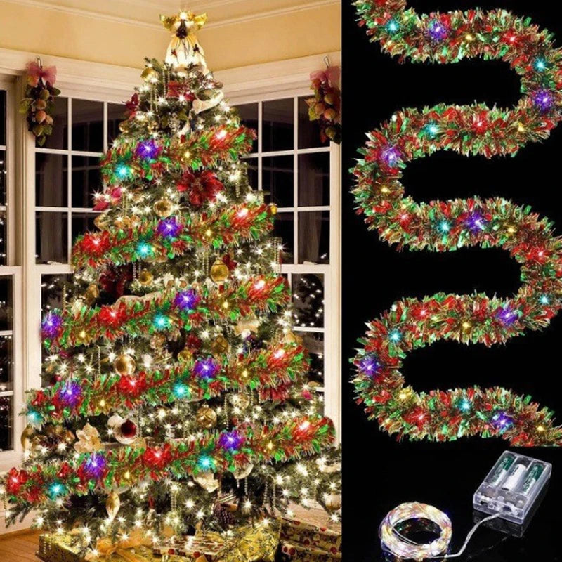 1pc Christmas Tinsel Garland Metallic Shiny Garland With LED Lights Christmas Tree Garland Thick Hanging Suitable For Home Decor
