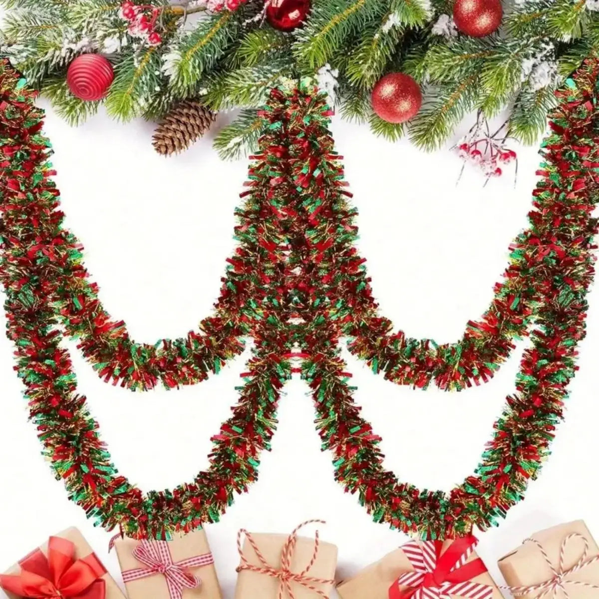 1pc Christmas Tinsel Garland Metallic Shiny Garland With LED Lights Christmas Tree Garland Thick Hanging Suitable For Home Decor