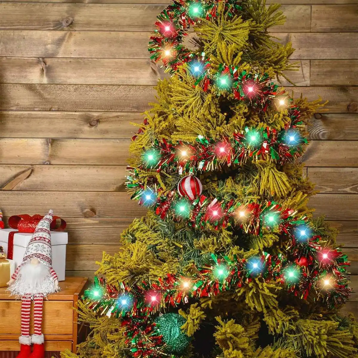 1pc Christmas Tinsel Garland Metallic Shiny Garland With LED Lights Christmas Tree Garland Thick Hanging Suitable For Home Decor